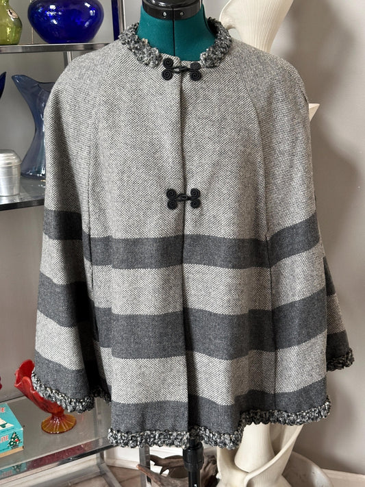 Vintage 1970s Wool Blend Cape Coat, Gray Black White Stripes, Toggle Closure, Boho Jacket