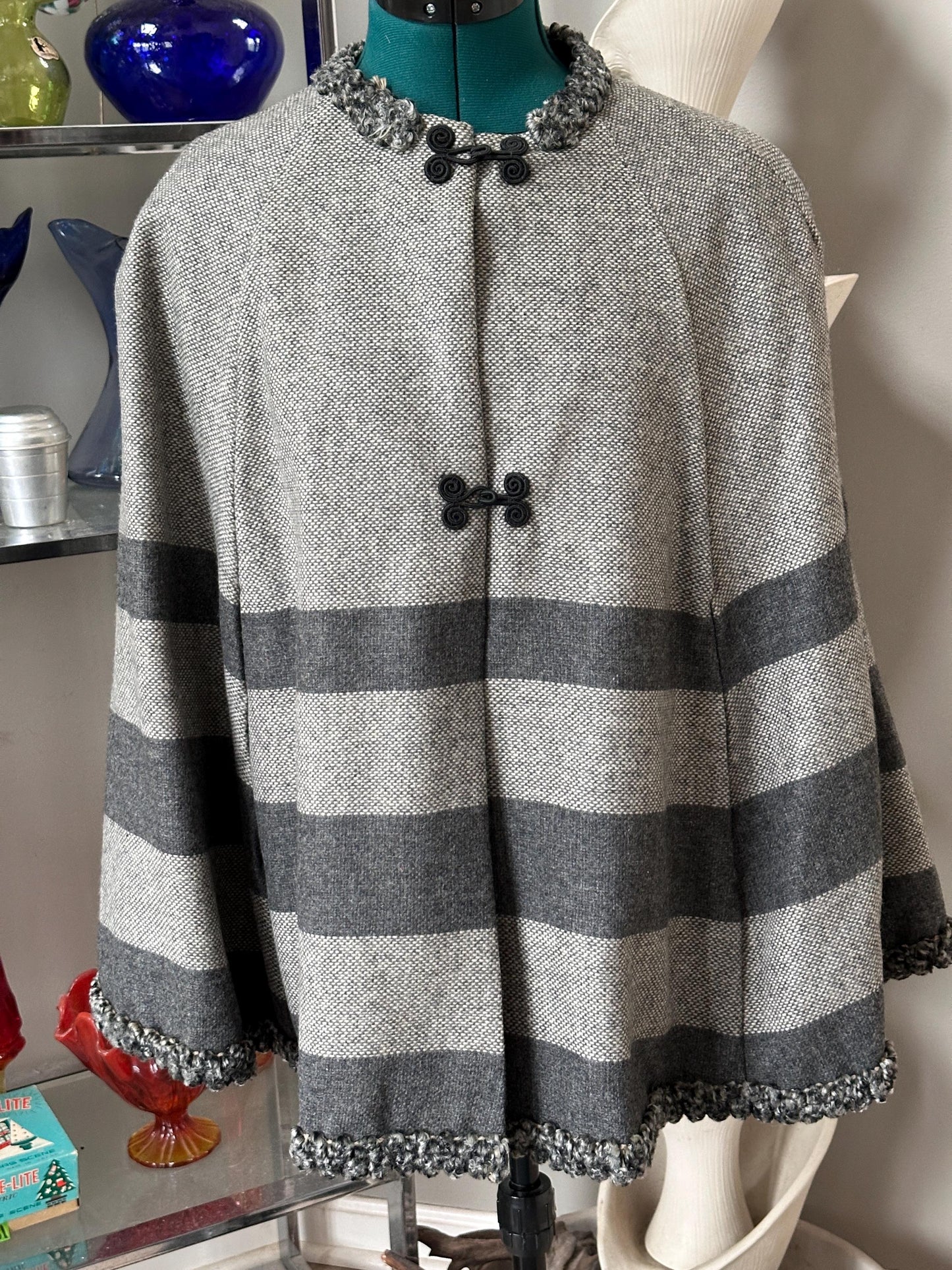 Vintage 1970s Wool Blend Cape Coat, Gray Black White Stripes, Toggle Closure, Boho Jacket