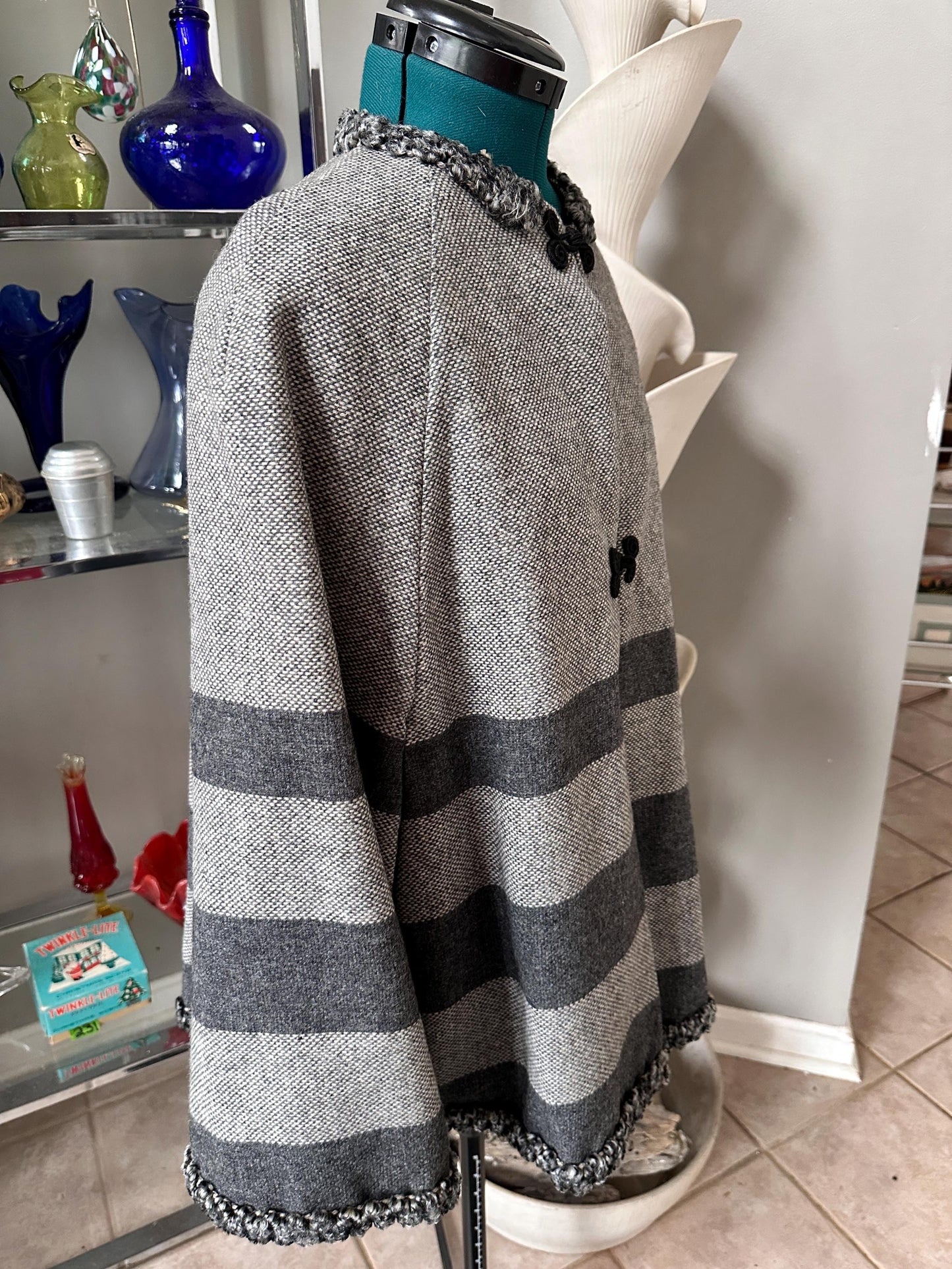 Vintage 1970s Wool Blend Cape Coat, Gray Black White Stripes, Toggle Closure, Boho Jacket