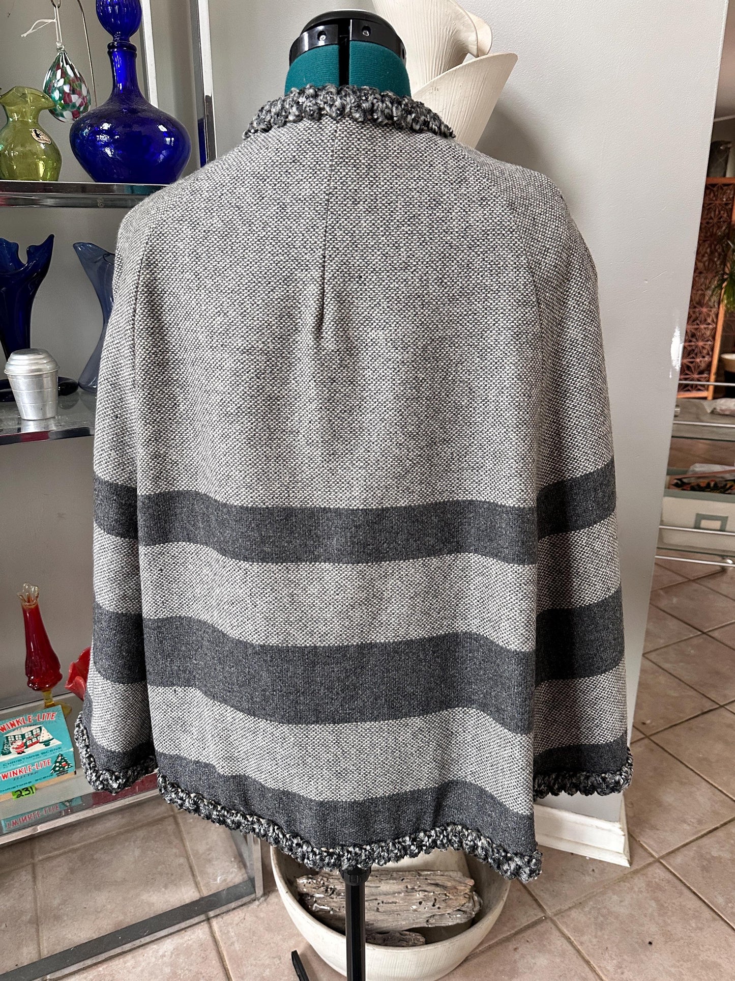 Vintage 1970s Wool Blend Cape Coat, Gray Black White Stripes, Toggle Closure, Boho Jacket