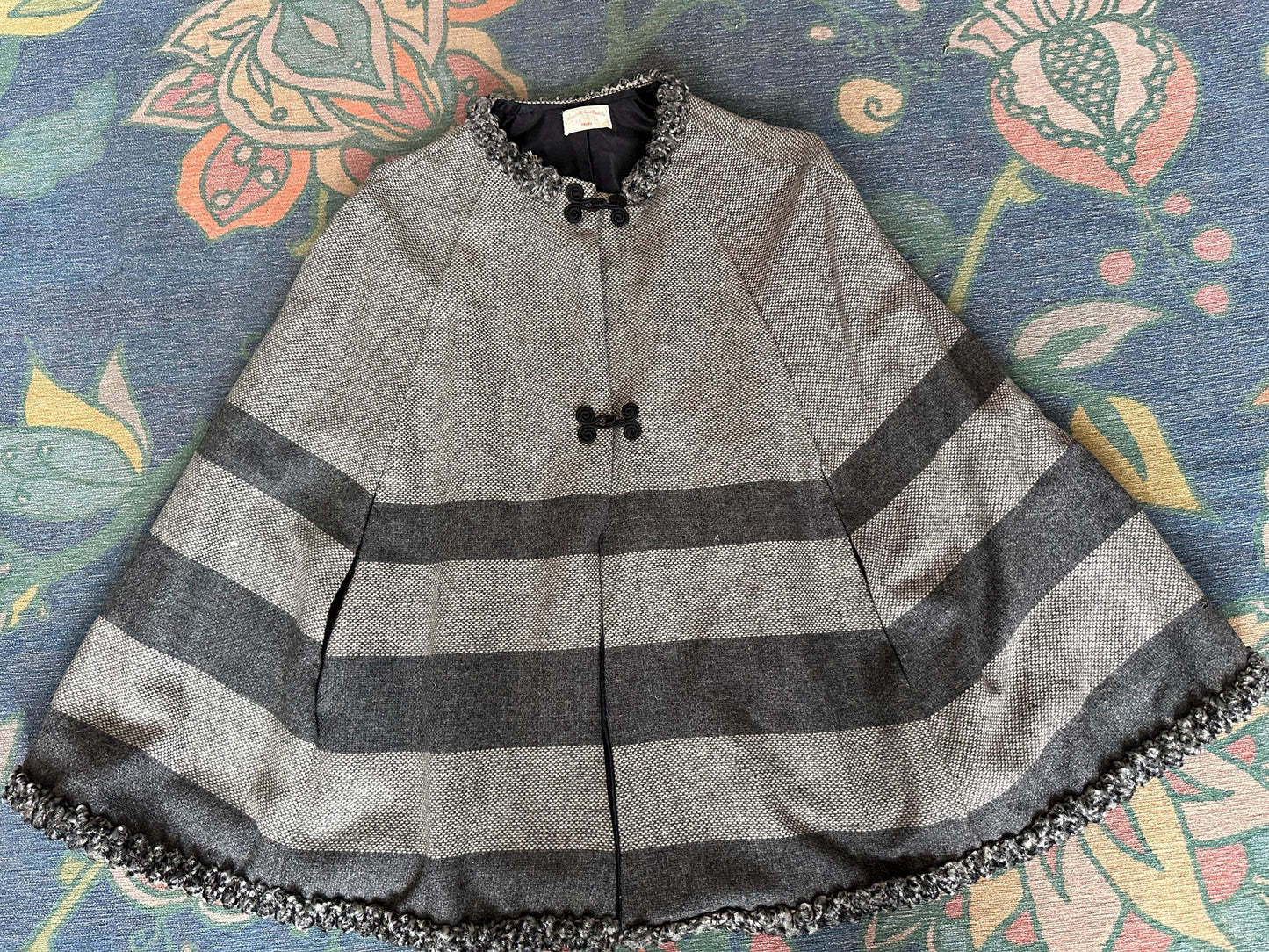 Vintage 1970s Wool Blend Cape Coat, Gray Black White Stripes, Toggle Closure, Boho Jacket