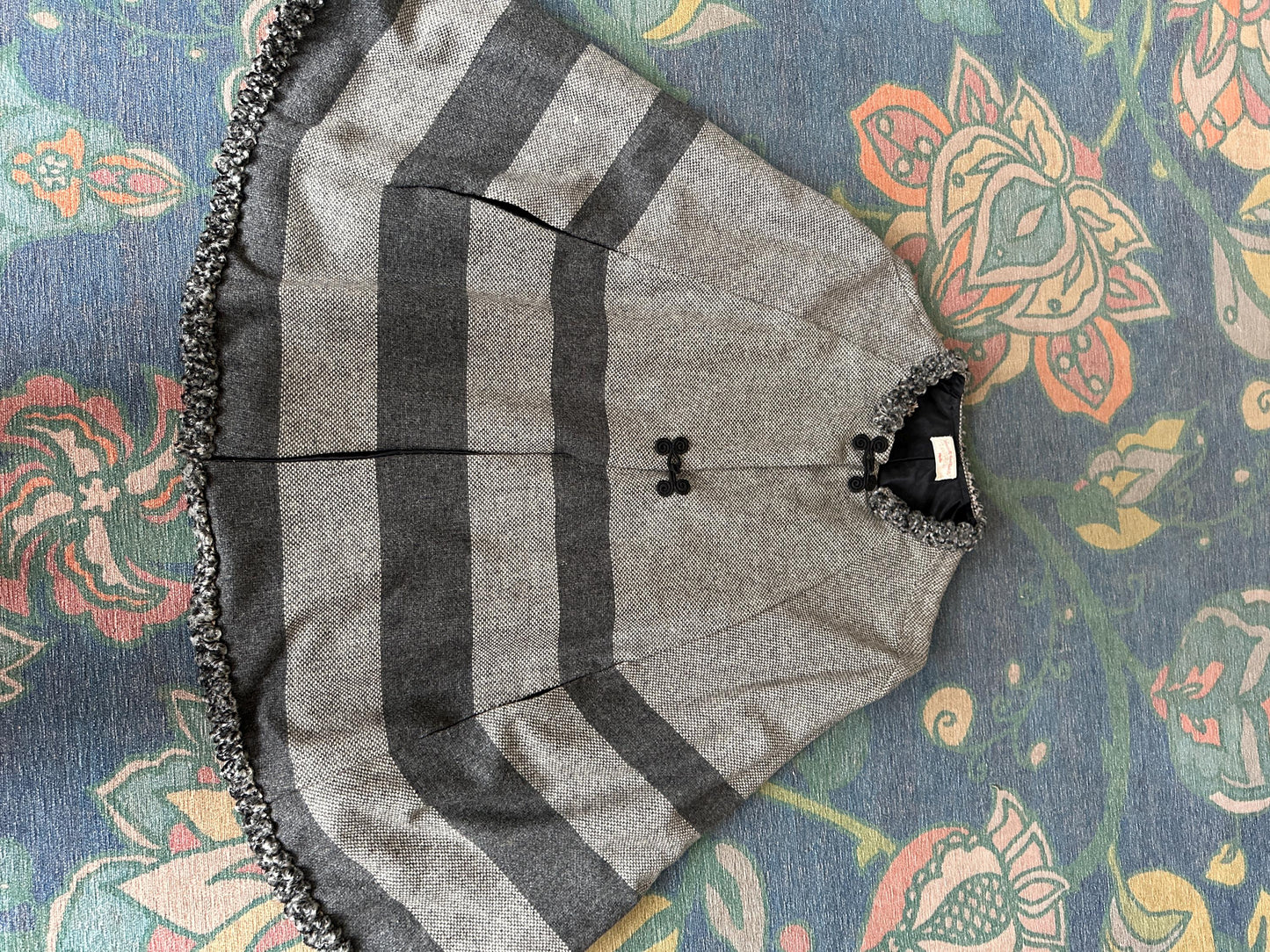 Vintage 1970s Wool Blend Cape Coat, Gray Black White Stripes, Toggle Closure, Boho Jacket