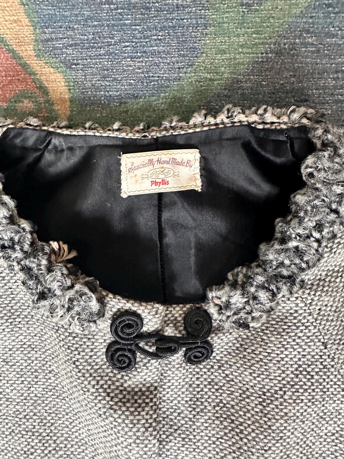 Vintage 1970s Wool Blend Cape Coat, Gray Black White Stripes, Toggle Closure, Boho Jacket
