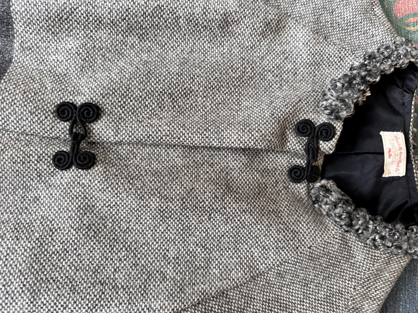 Vintage 1970s Wool Blend Cape Coat, Gray Black White Stripes, Toggle Closure, Boho Jacket