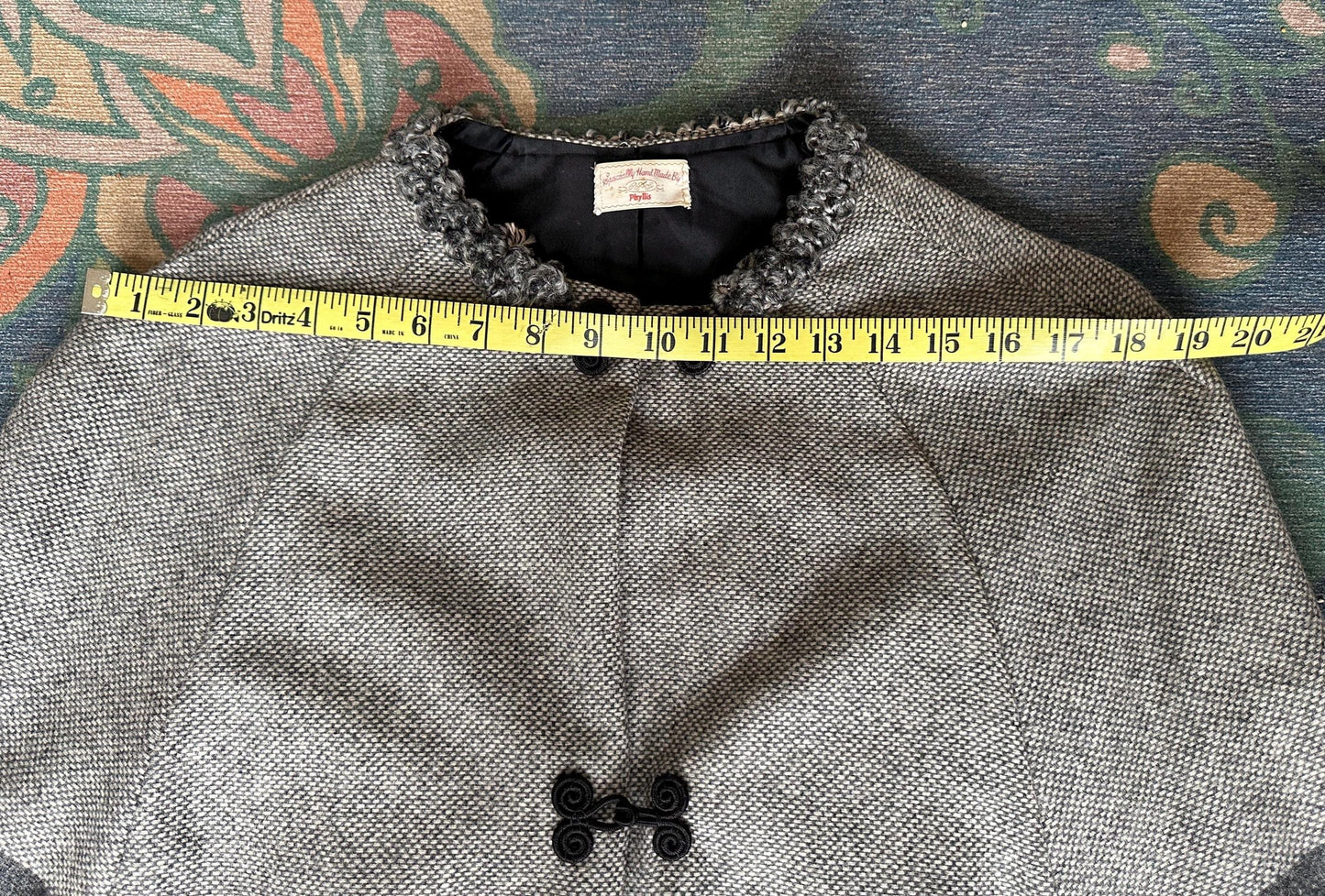 Vintage 1970s Wool Blend Cape Coat, Gray Black White Stripes, Toggle Closure, Boho Jacket
