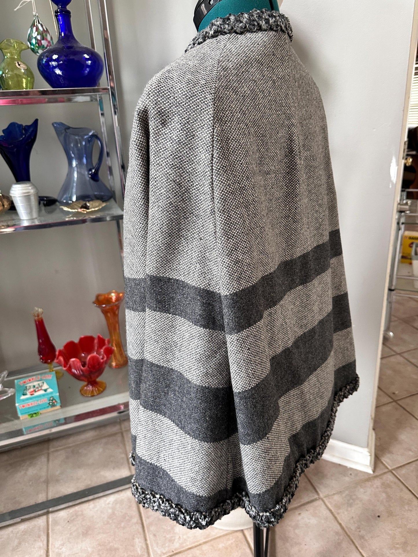 Vintage 1970s Wool Blend Cape Coat, Gray Black White Stripes, Toggle Closure, Boho Jacket