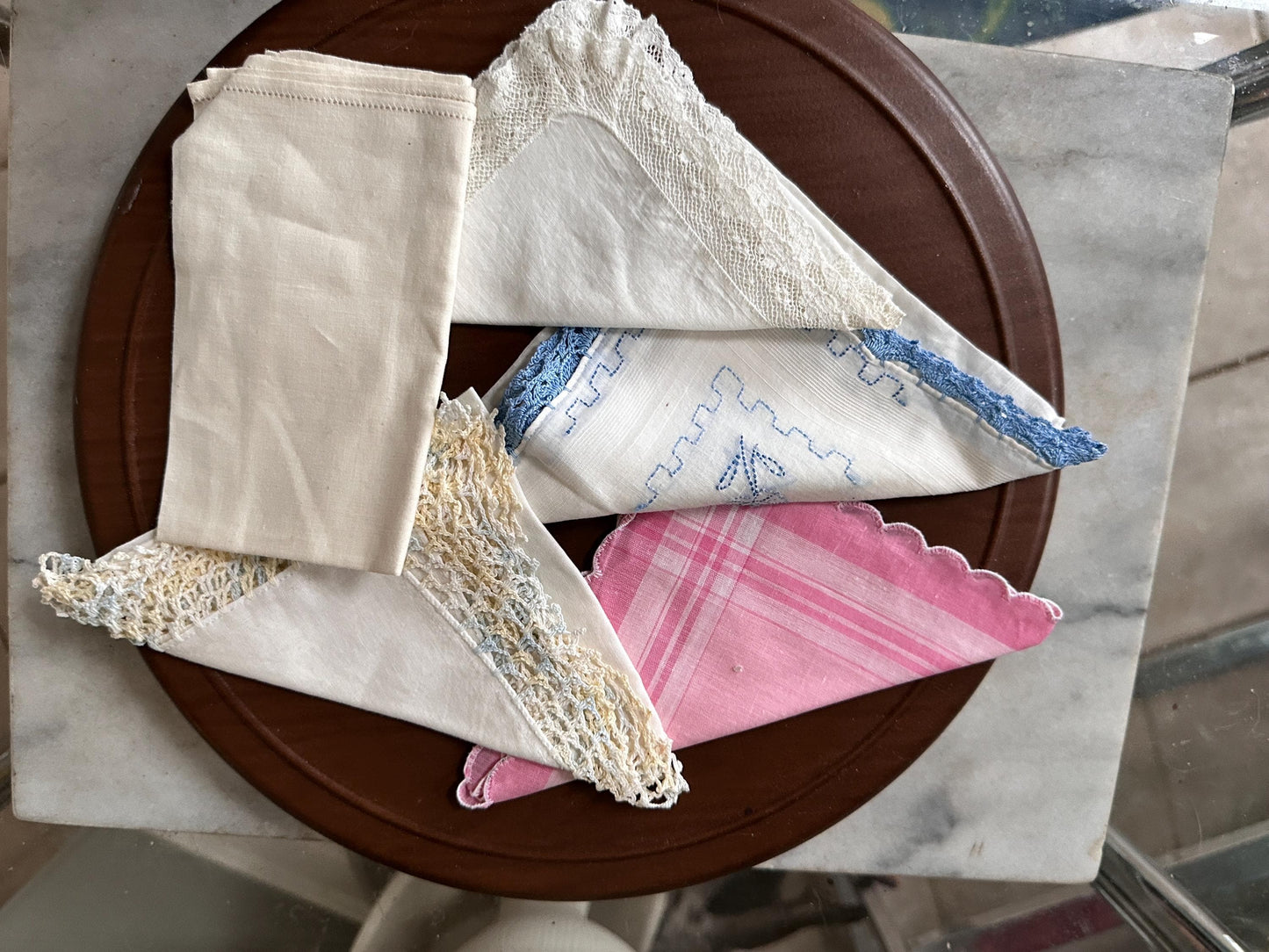 Vintage Shabby Chic Linen Crocheted Hankies – Ivory, Pink, Pastel Bridal Wedding Set