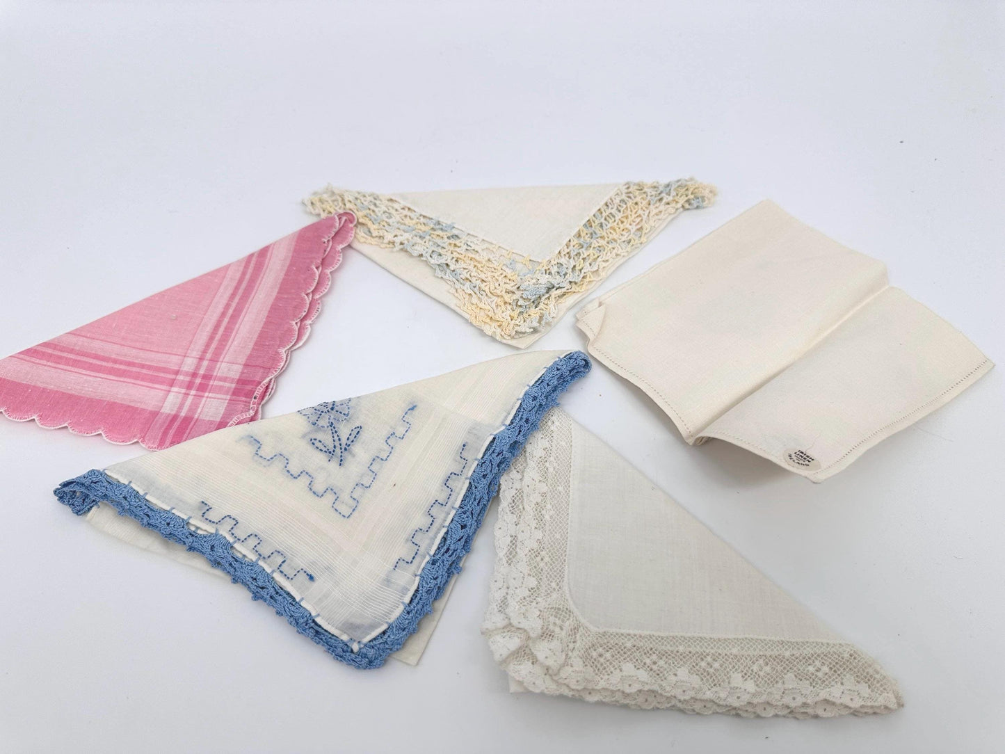 Vintage Shabby Chic Linen Crocheted Hankies – Ivory, Pink, Pastel Bridal Wedding Set