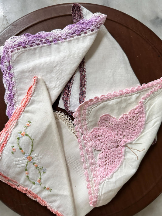Vintage Linen Hankies - Pastel Floral and Butterfly Embroidery, Bridal Hanky Set of 5
