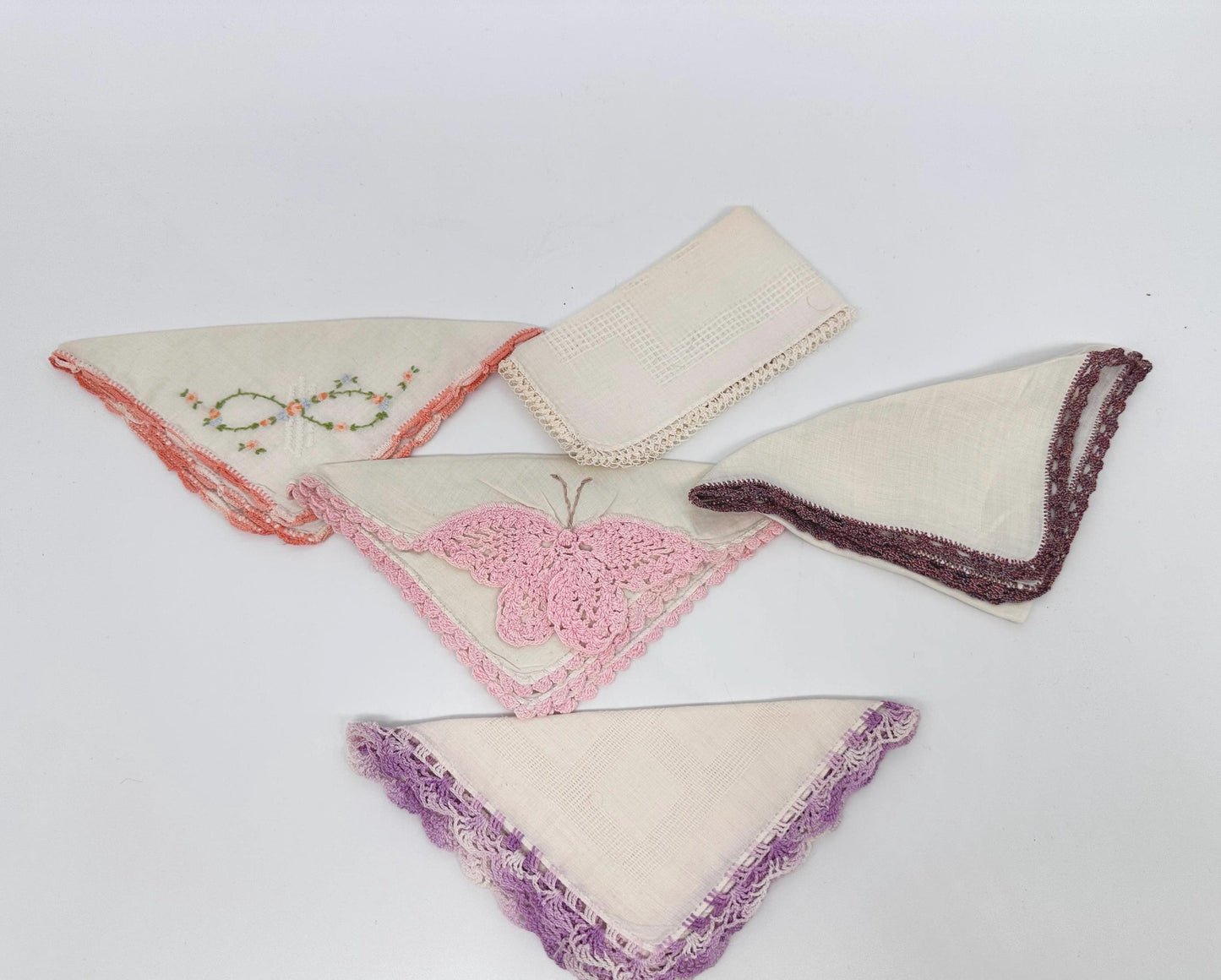 Vintage Linen Hankies - Pastel Floral and Butterfly Embroidery, Bridal Hanky Set of 5