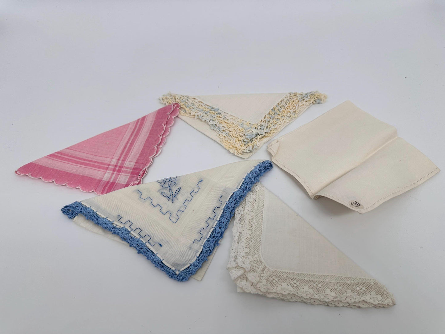 Vintage Shabby Chic Linen Crocheted Hankies – Ivory, Pink, Pastel Bridal Wedding Set