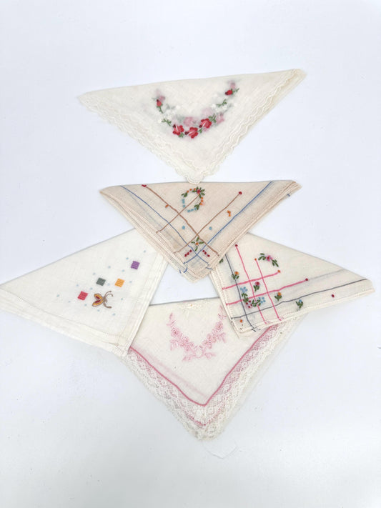 Vintage Linen Hankies - Pastel Floral and Butterfly Embroidery, Bridal Hanky Set of 5