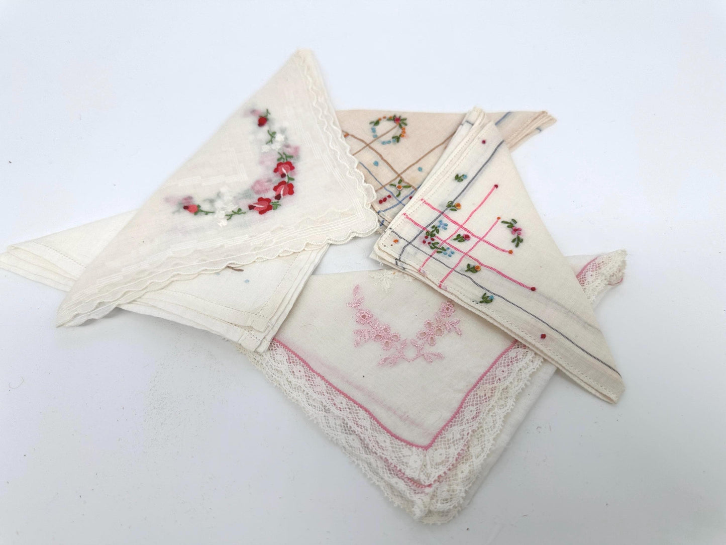 Vintage Linen Hankies - Pastel Floral and Butterfly Embroidery, Bridal Hanky Set of 5