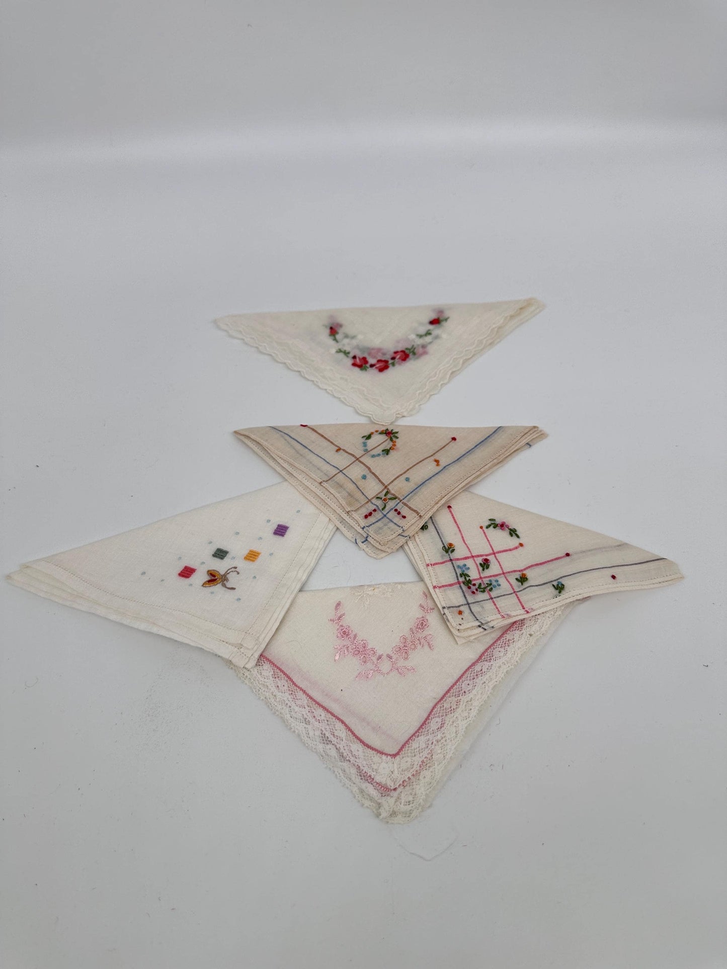 Vintage Linen Hankies - Pastel Floral and Butterfly Embroidery, Bridal Hanky Set of 5