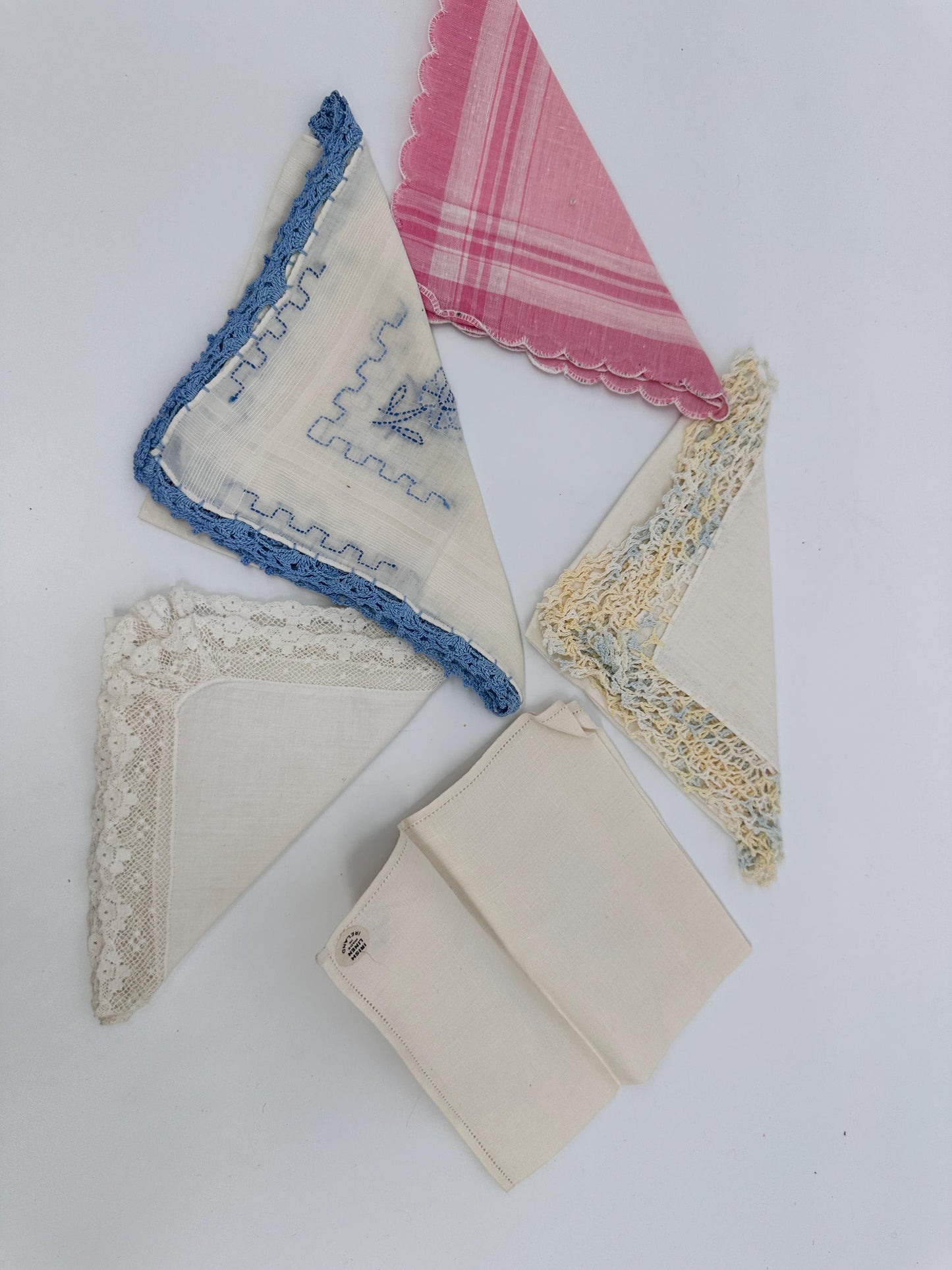 Vintage Shabby Chic Linen Crocheted Hankies – Ivory, Pink, Pastel Bridal Wedding Set
