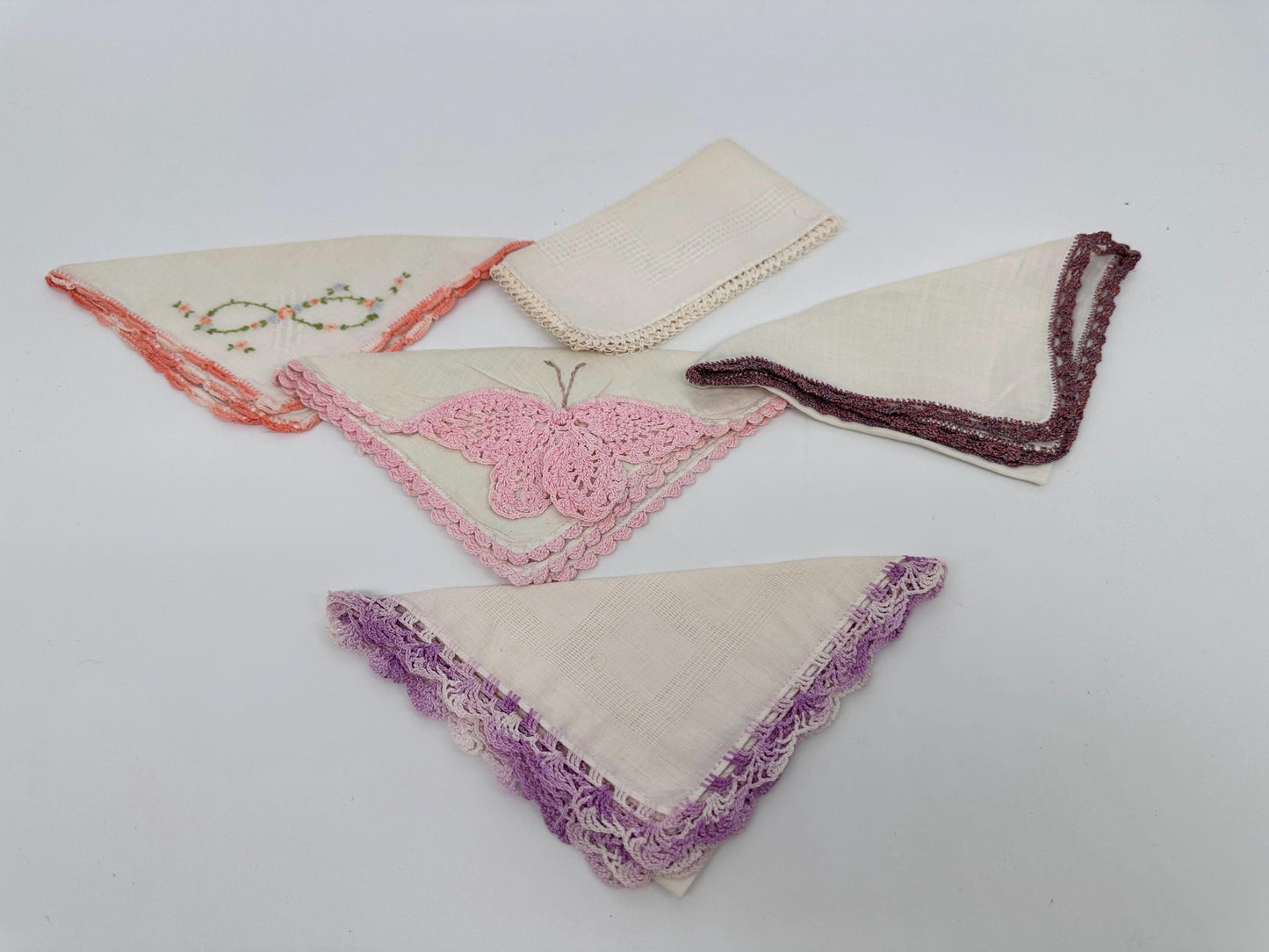 Vintage Linen Hankies - Pastel Floral and Butterfly Embroidery, Bridal Hanky Set of 5