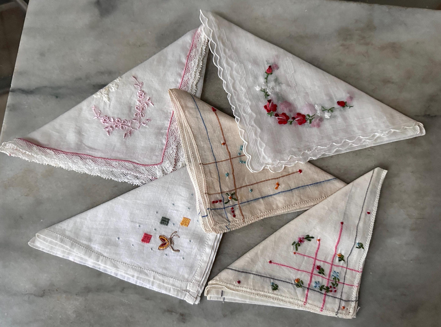 Vintage Linen Hankies - Pastel Floral and Butterfly Embroidery, Bridal Hanky Set of 5
