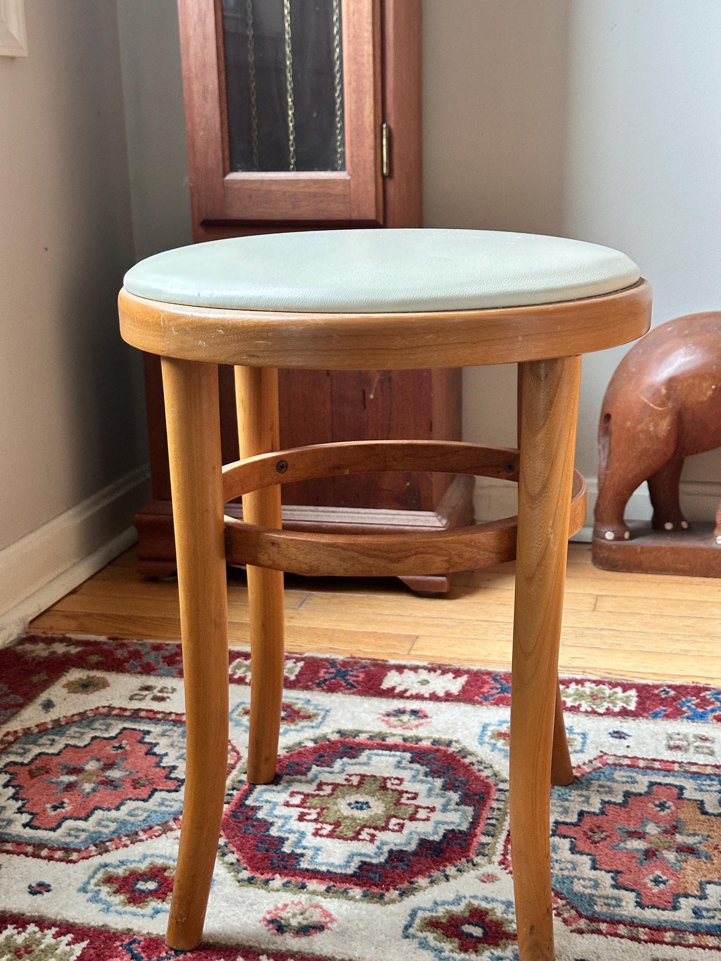 Vintage Thonet Bentwood Stool Chair | White Vinyl Padded Seat, European Furniture