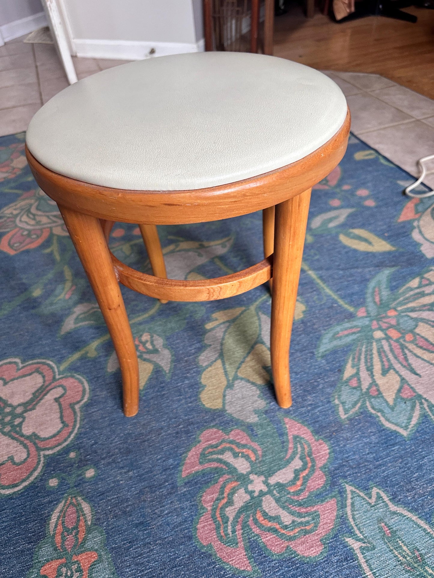 Vintage Thonet Bentwood Stool Chair | White Vinyl Padded Seat, European Furniture