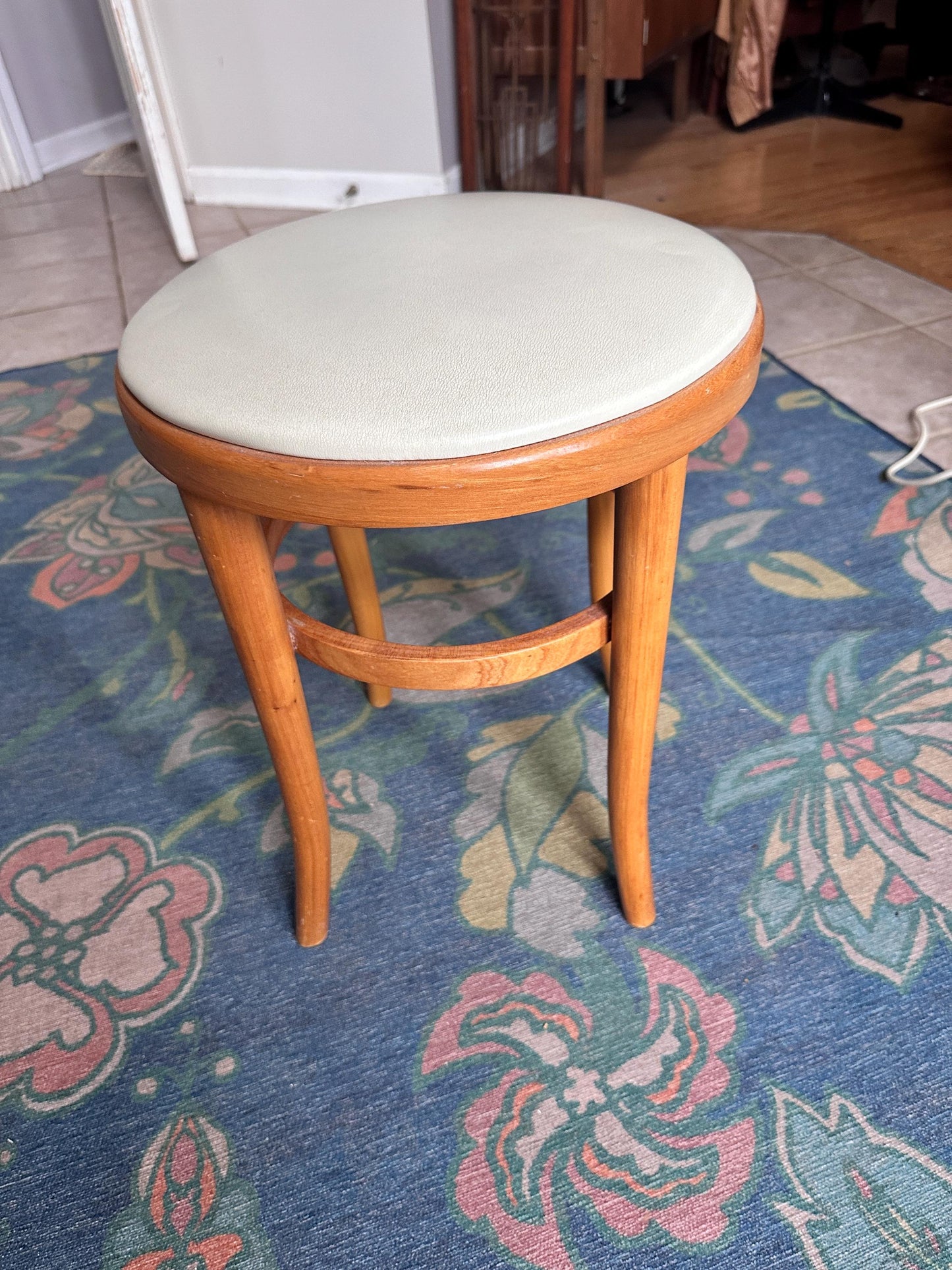 Vintage Thonet Bentwood Stool Chair | White Vinyl Padded Seat, European Furniture