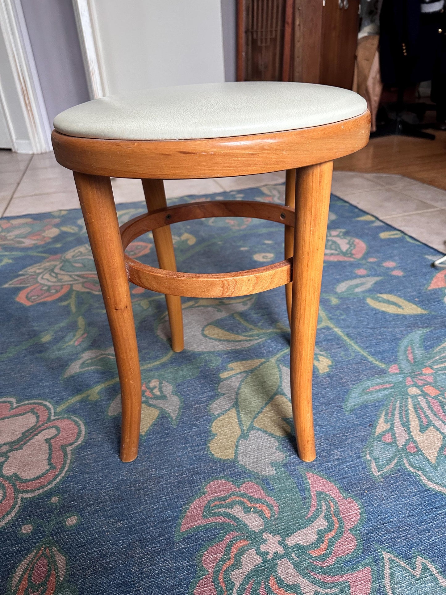 Vintage Thonet Bentwood Stool Chair | White Vinyl Padded Seat, European Furniture