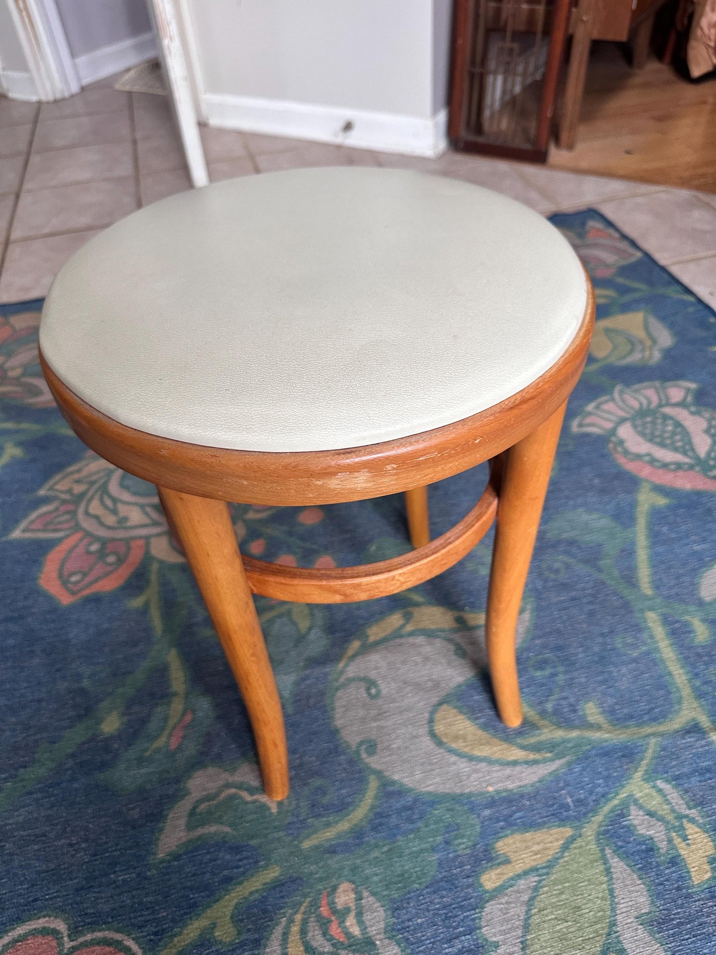 Vintage Thonet Bentwood Stool Chair | White Vinyl Padded Seat, European Furniture