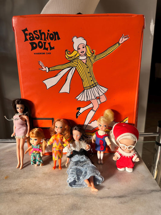 1960s Mod Fashion Doll Wardrobe Case with 6 Dolls, Orange Vinyl Retro Toy Storage