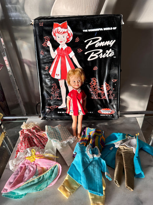 Vintage 1964 Penny Brite Doll Carry Case with 6 Outfits – Mid Century Topper Toys
