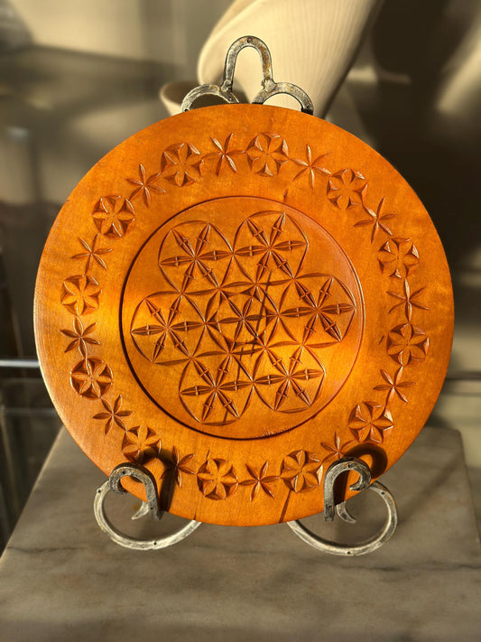 Vintage 1954 Hand-Carved Wood Plaque | Geometric Floral Folk Art Wall Decor