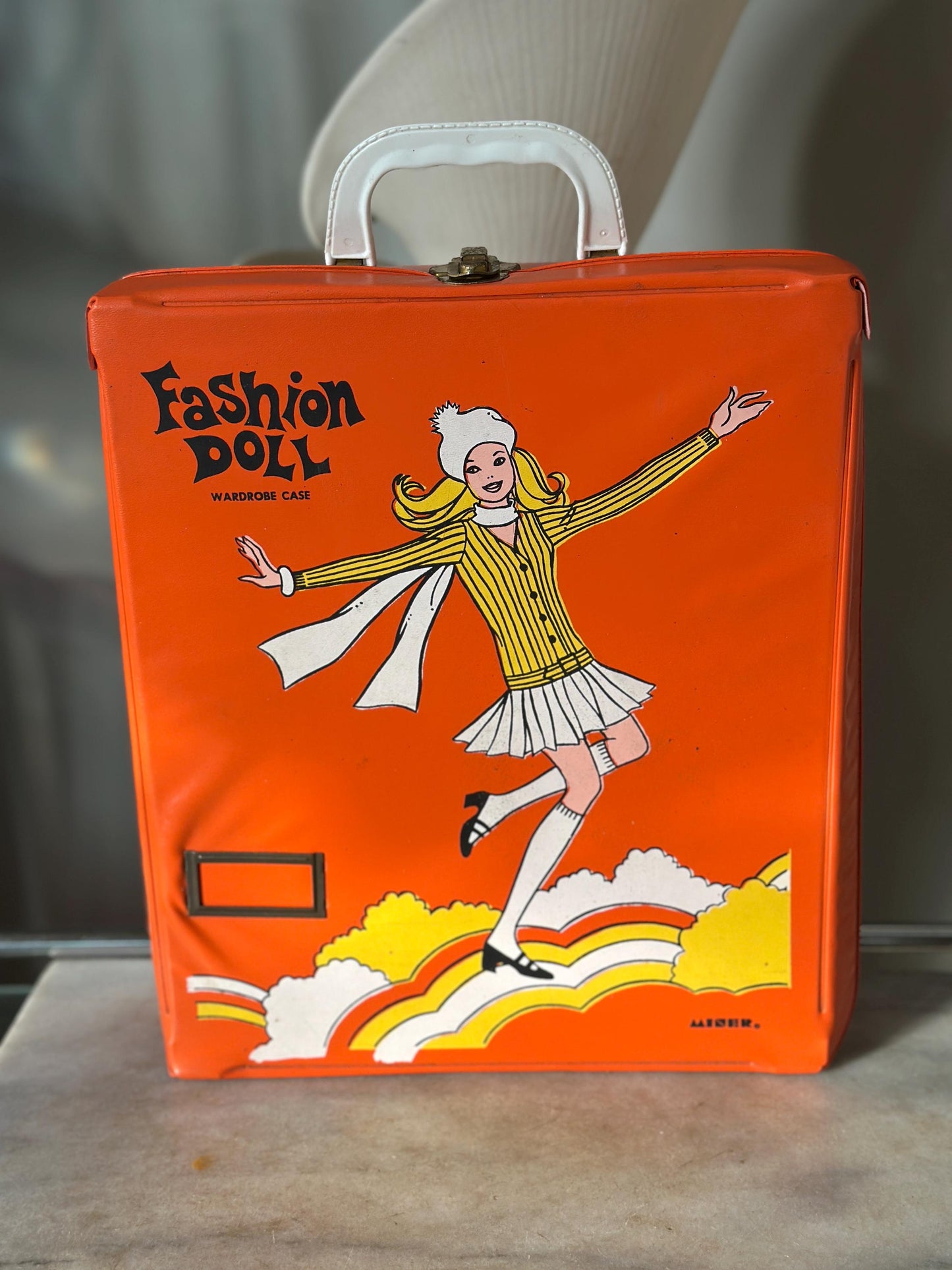 1960s Mod Fashion Doll Wardrobe Case with 6 Dolls, Orange Vinyl Retro Toy Storage