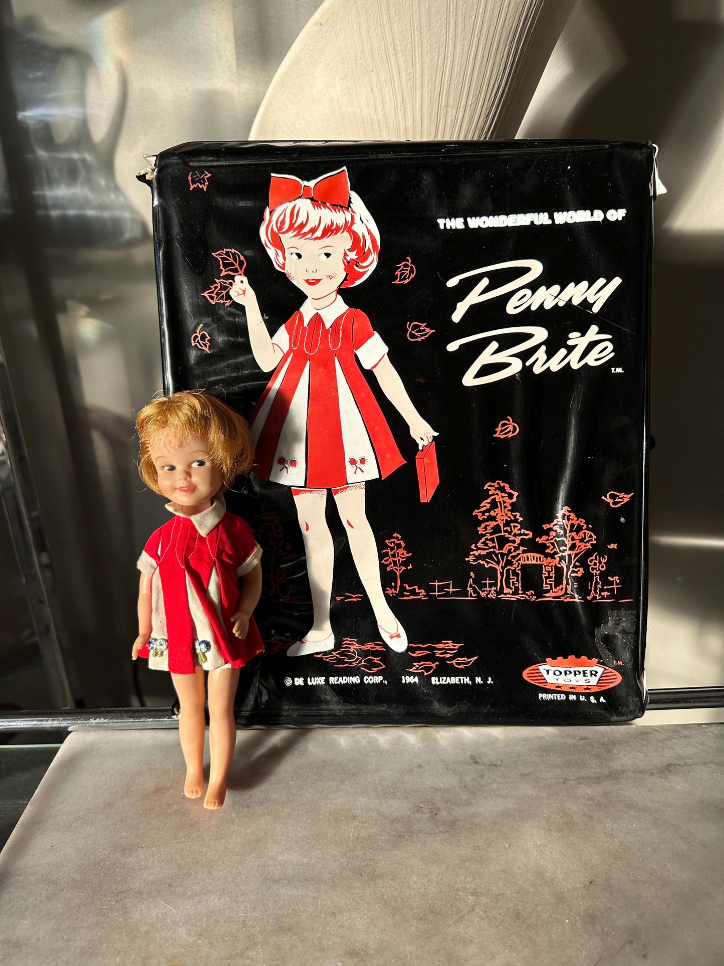 Vintage 1964 Penny Brite Doll Carry Case with 6 Outfits – Mid Century Topper Toys
