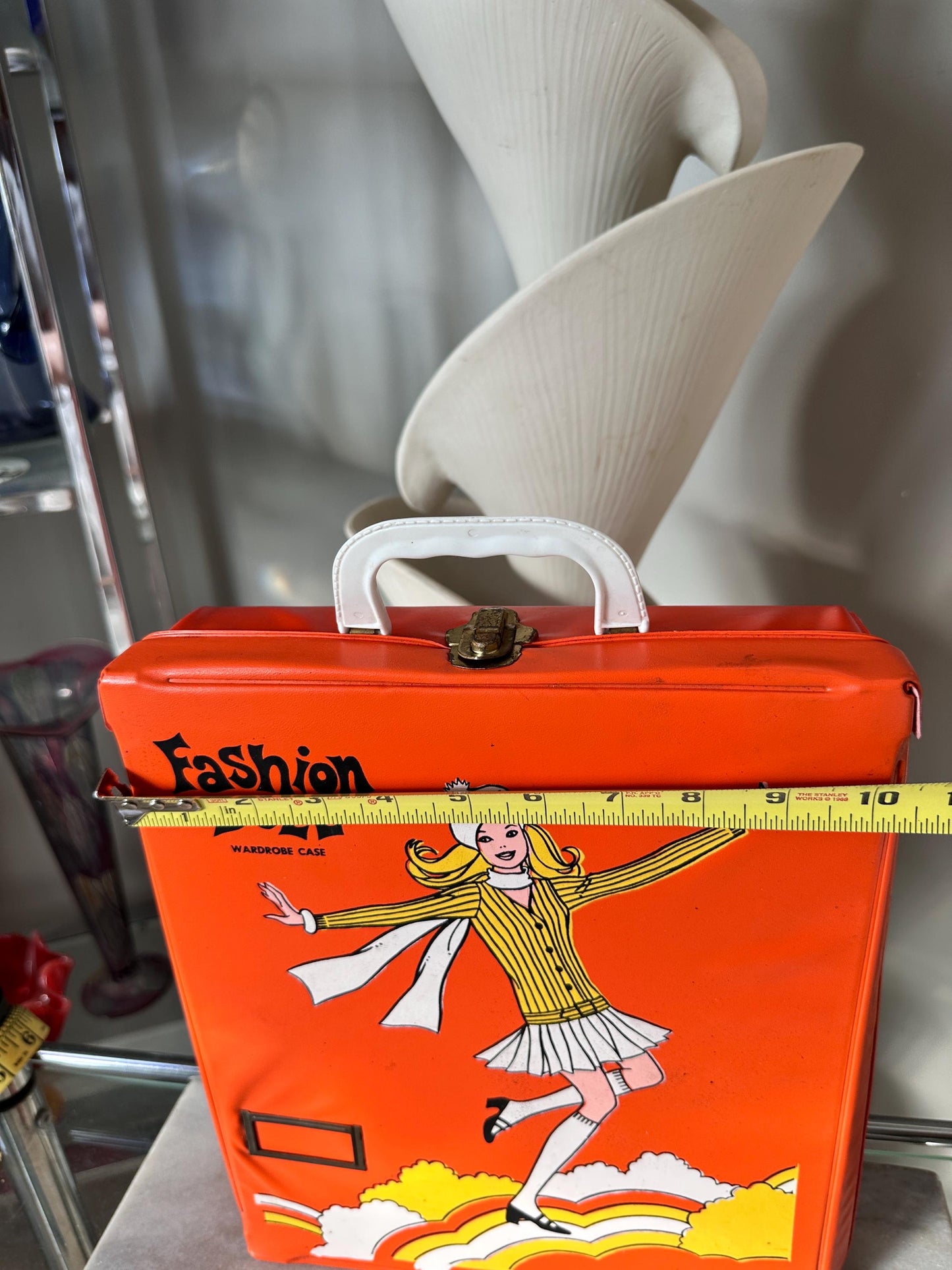 1960s Mod Fashion Doll Wardrobe Case with 6 Dolls, Orange Vinyl Retro Toy Storage