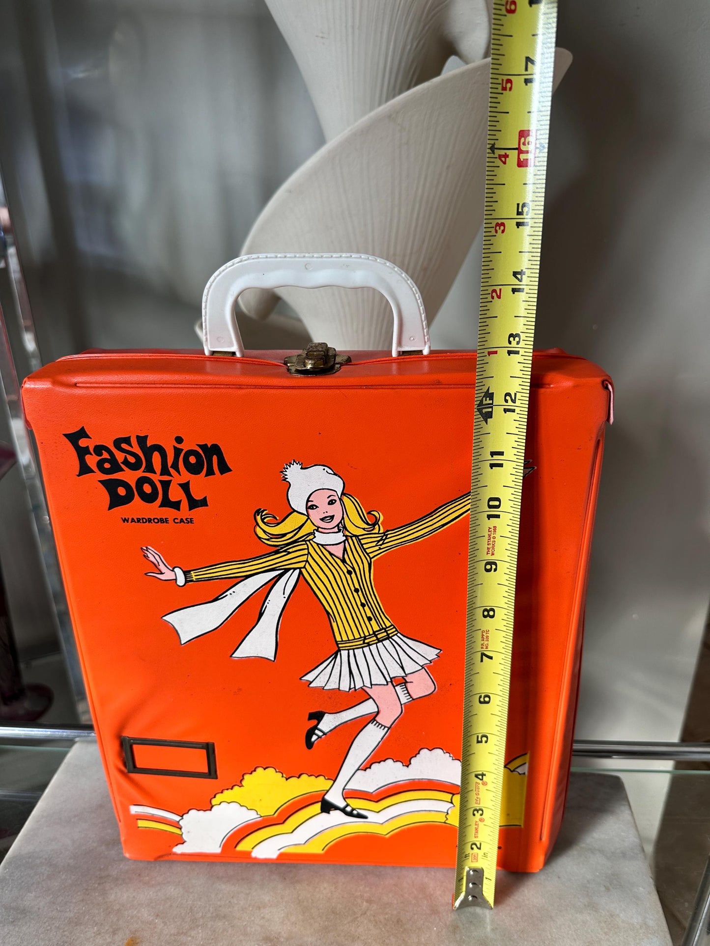1960s Mod Fashion Doll Wardrobe Case with 6 Dolls, Orange Vinyl Retro Toy Storage