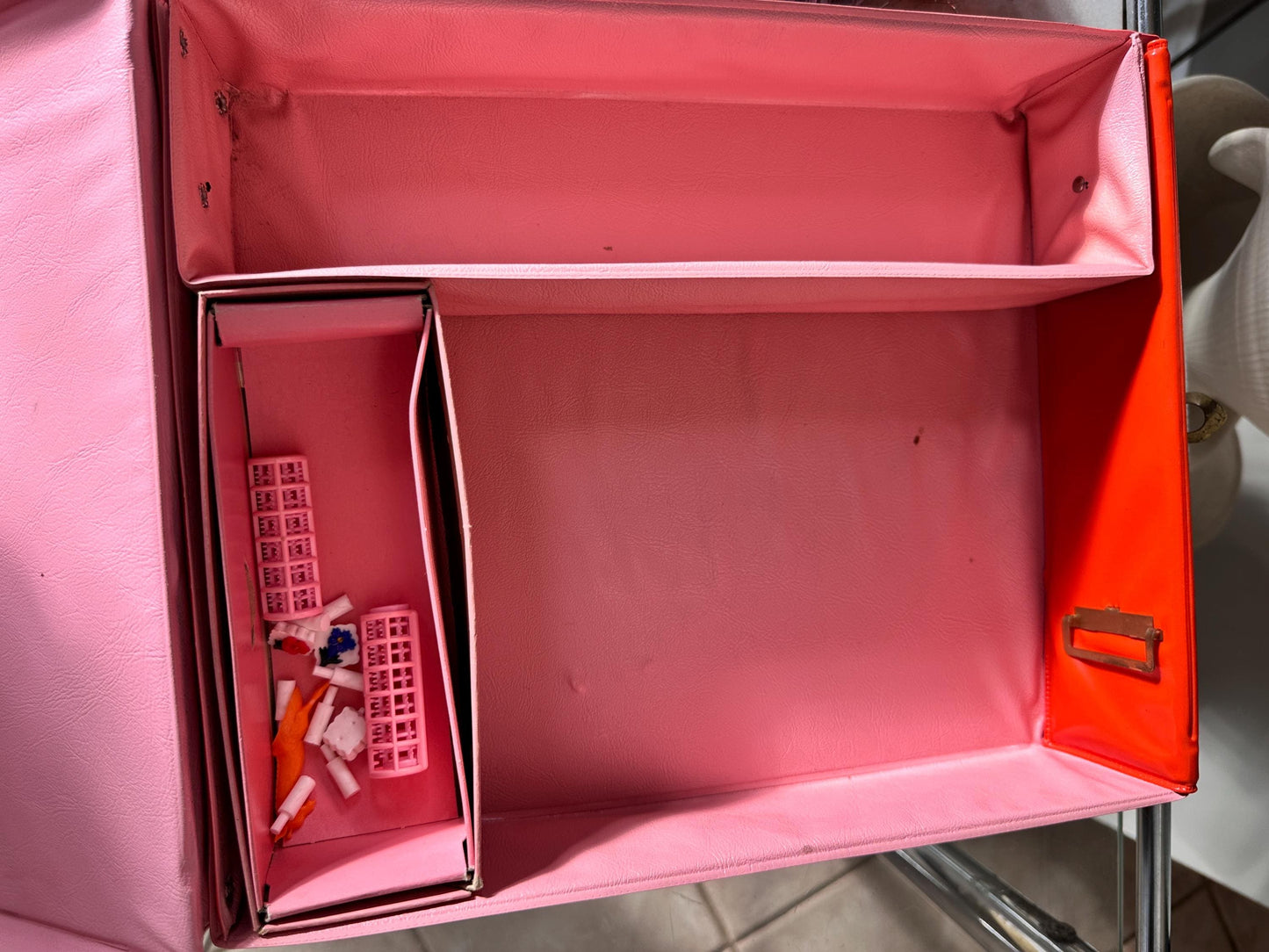 1960s Mod Fashion Doll Wardrobe Case with 6 Dolls, Orange Vinyl Retro Toy Storage
