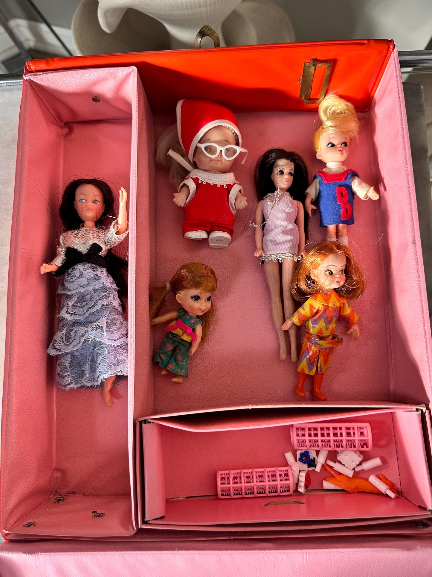 1960s Mod Fashion Doll Wardrobe Case with 6 Dolls, Orange Vinyl Retro Toy Storage