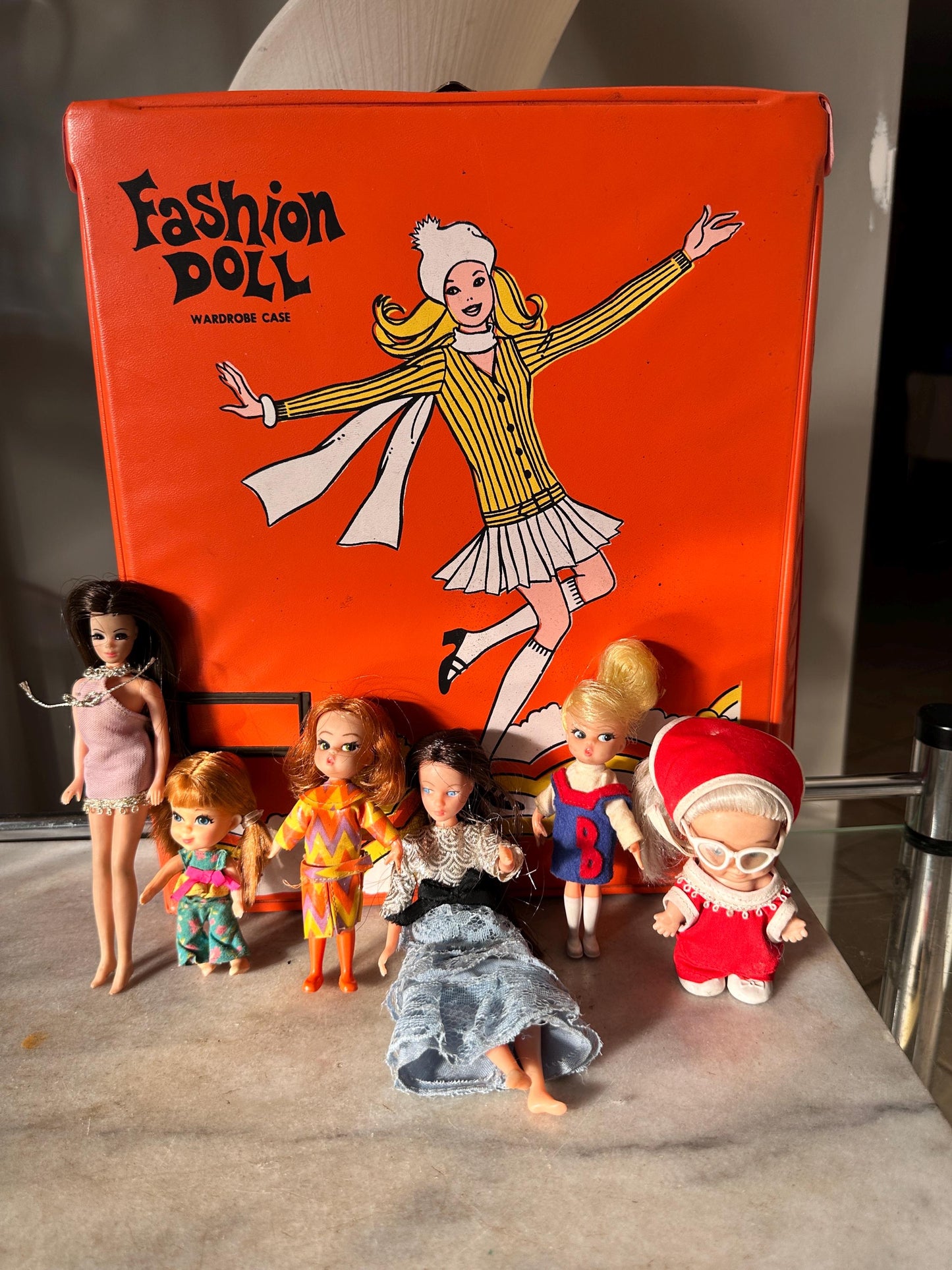 1960s Mod Fashion Doll Wardrobe Case with 6 Dolls, Orange Vinyl Retro Toy Storage