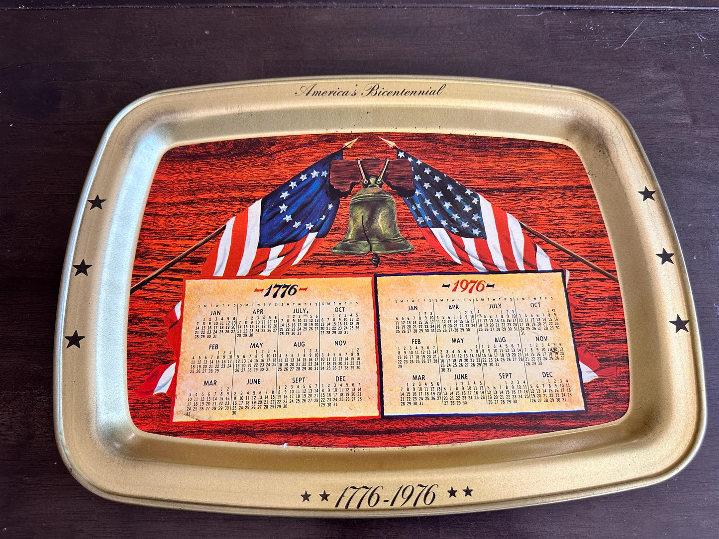 1976 Bicentennial Metal Serving Tray, Patriotic Calendar Kitchen Decor