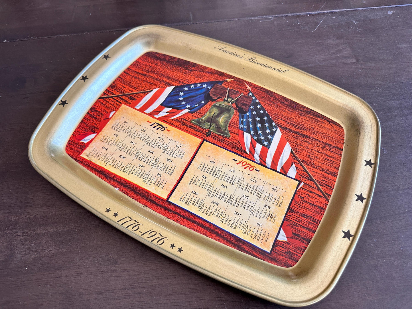 1976 Bicentennial Metal Serving Tray, Patriotic Calendar Kitchen Decor