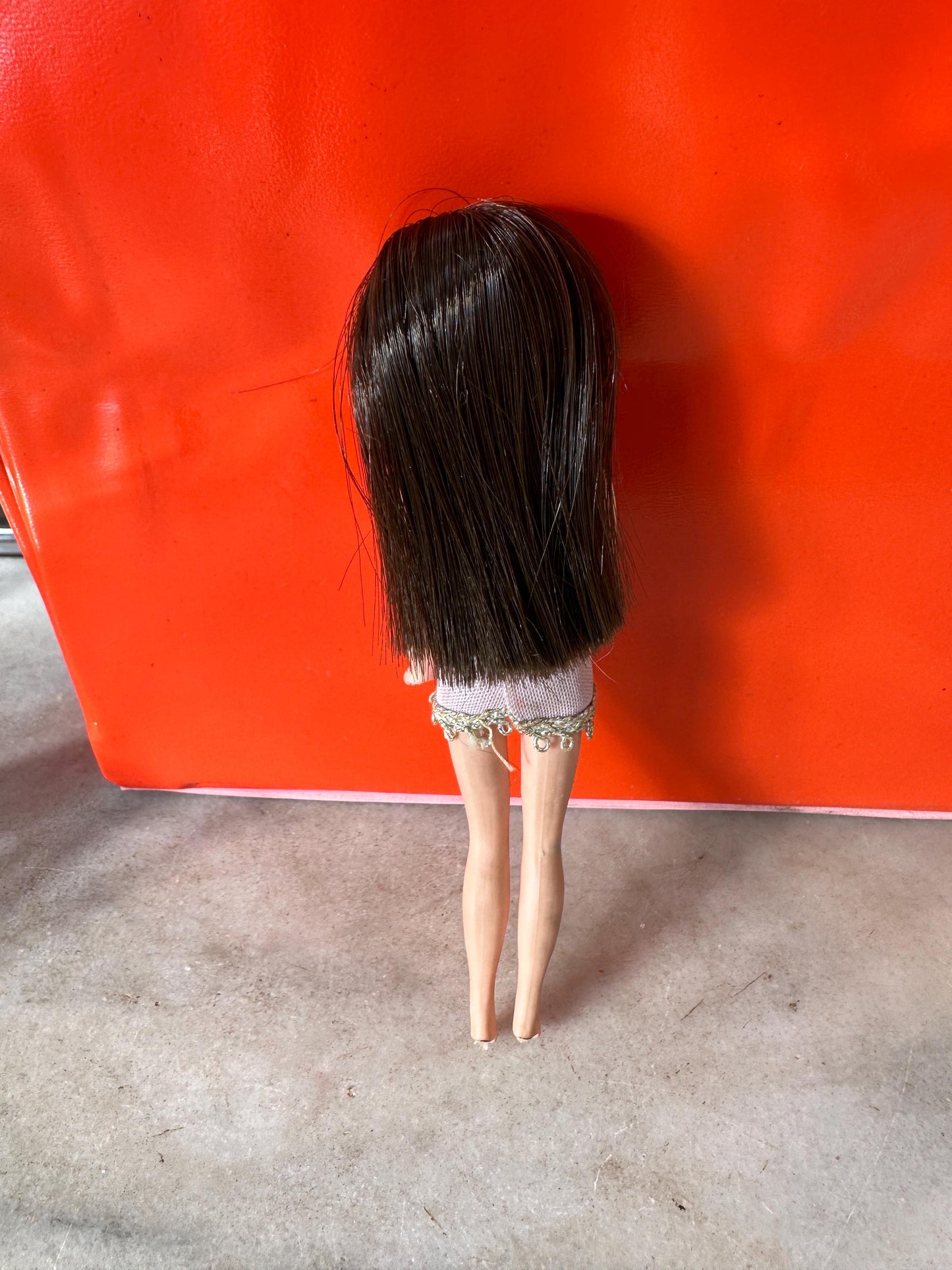 1960s Mod Fashion Doll Wardrobe Case with 6 Dolls, Orange Vinyl Retro Toy Storage