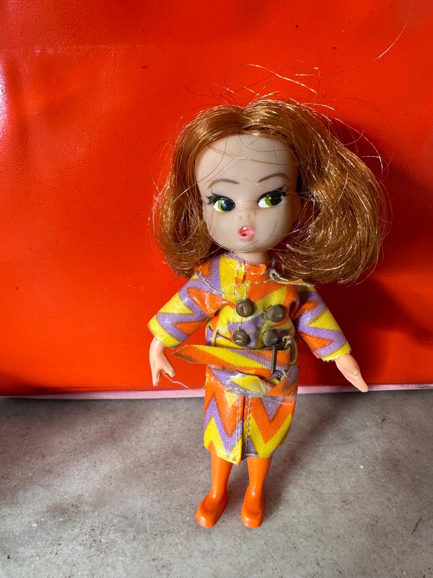 1960s Mod Fashion Doll Wardrobe Case with 6 Dolls, Orange Vinyl Retro Toy Storage