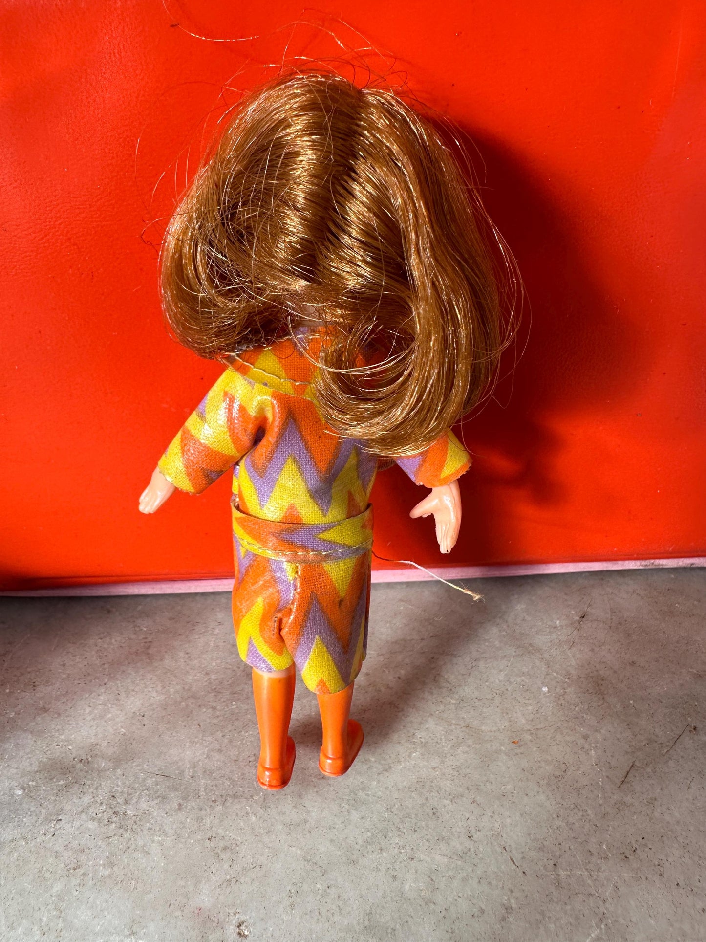 1960s Mod Fashion Doll Wardrobe Case with 6 Dolls, Orange Vinyl Retro Toy Storage