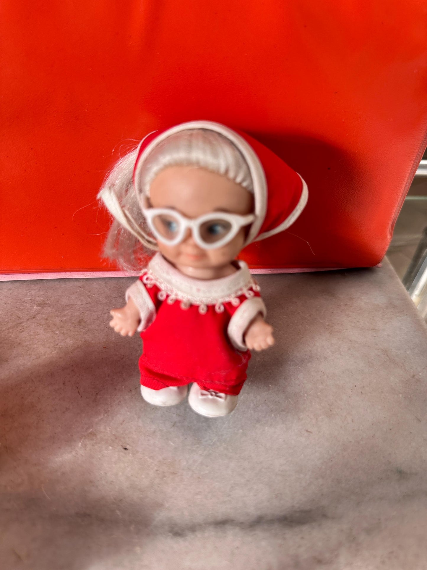 1960s Mod Fashion Doll Wardrobe Case with 6 Dolls, Orange Vinyl Retro Toy Storage