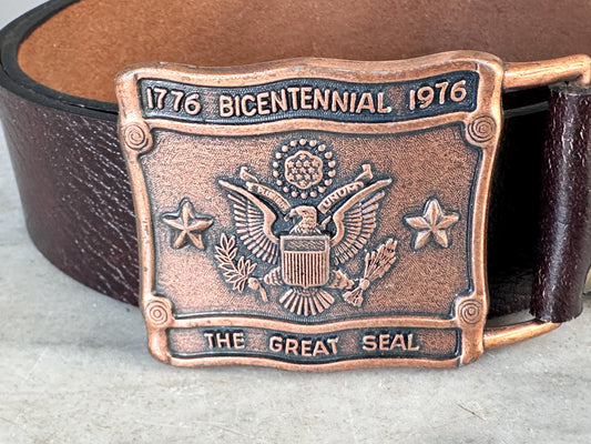 1976 Bicentennial Brass Belt Buckle | Seal, Leather Belt Size 36