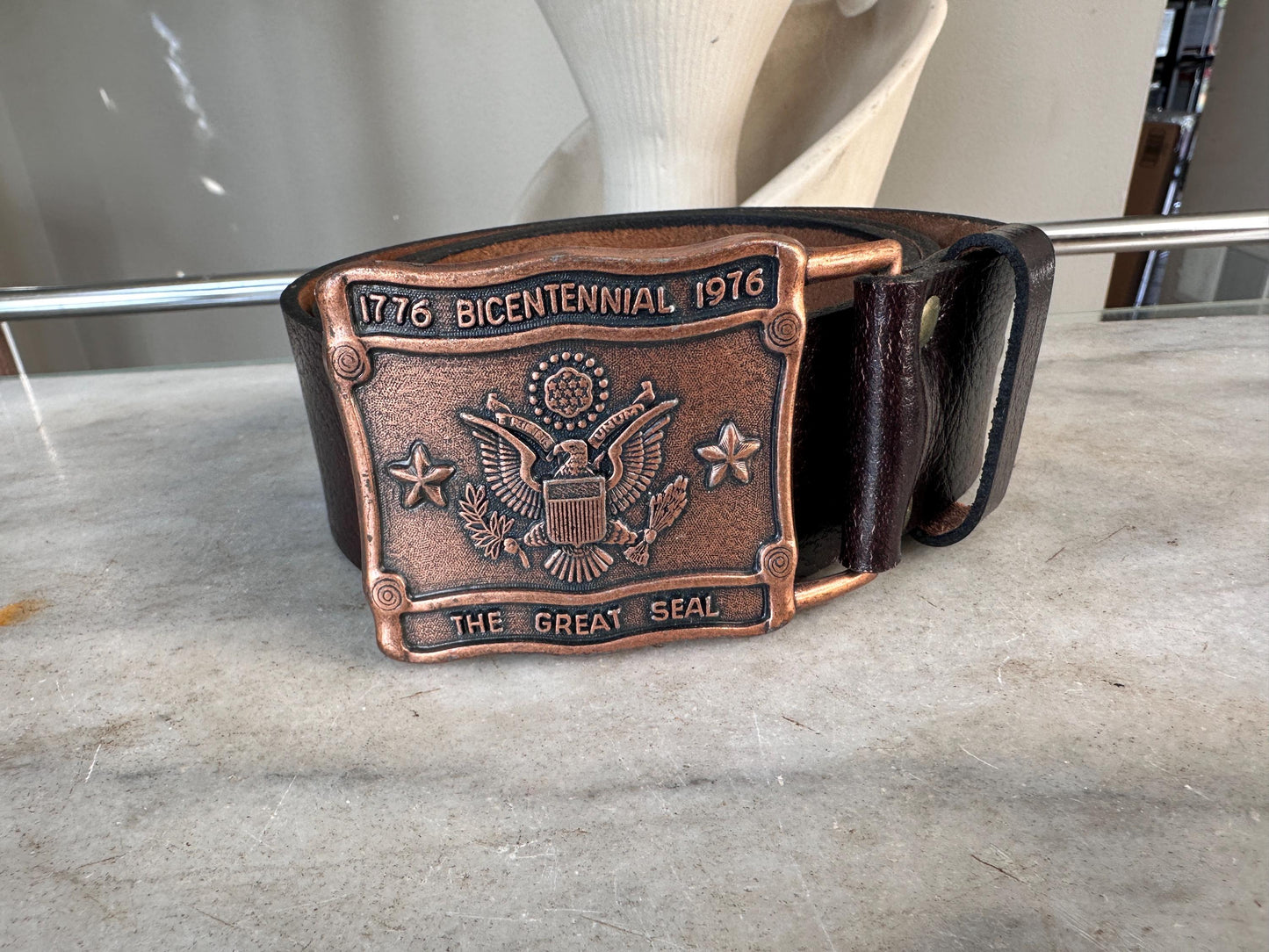1976 Bicentennial Brass Belt Buckle | Seal, Leather Belt Size 36