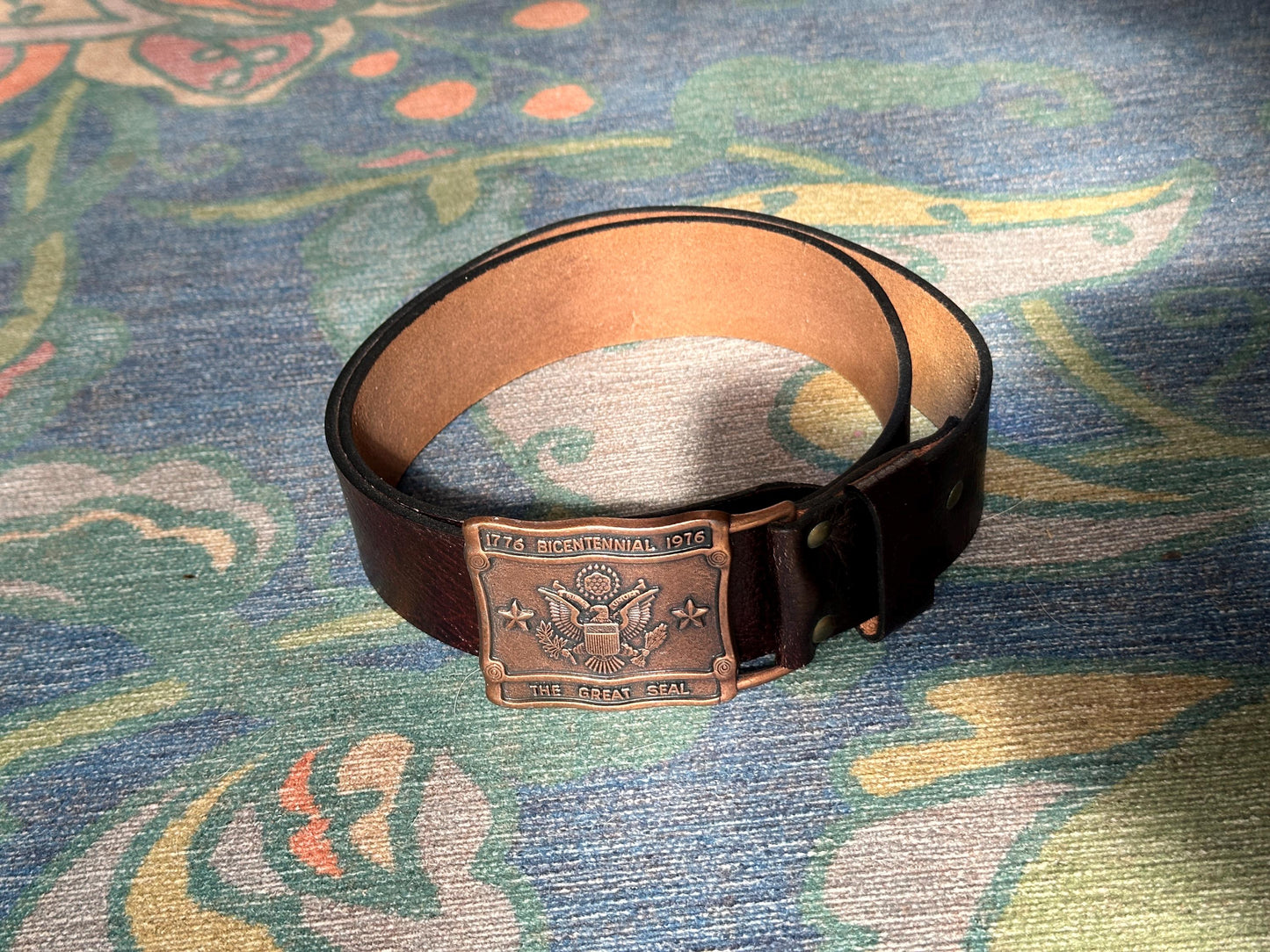 1976 Bicentennial Brass Belt Buckle | Seal, Leather Belt Size 36