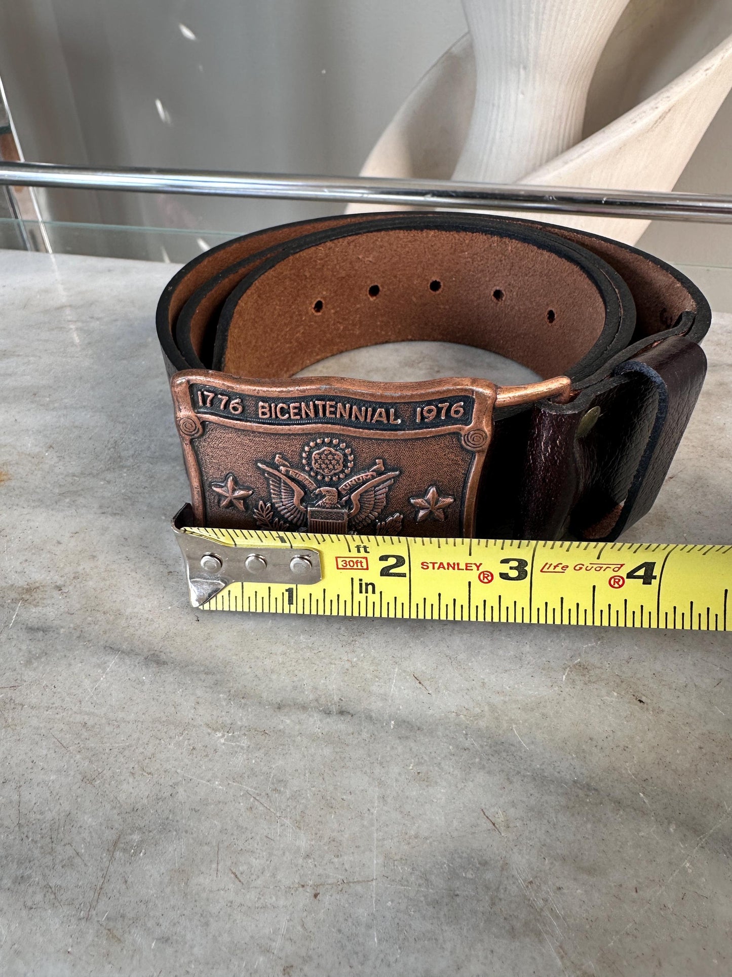 1976 Bicentennial Brass Belt Buckle | Seal, Leather Belt Size 36