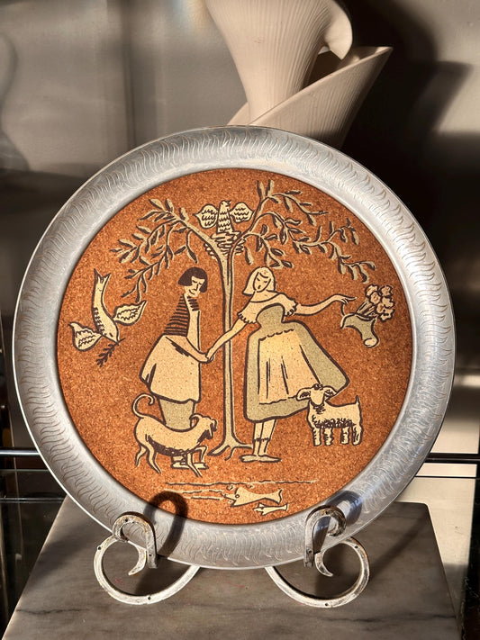 Vintage Scandinavian Folk Art Cork Serving Tray, Hand Painted Tree Design