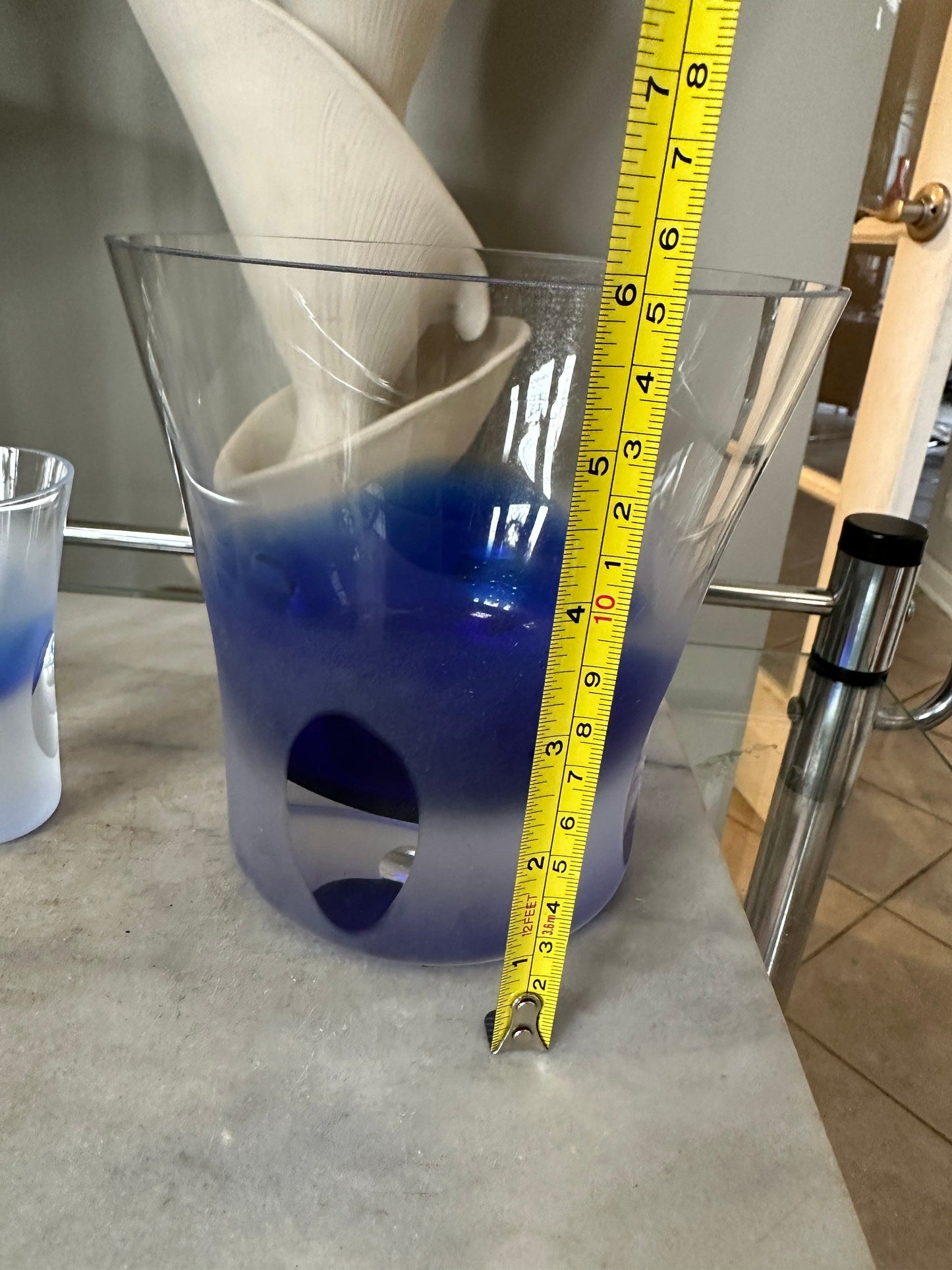Mid Century Modern Ice Bucket and Vodka /Shot  Glass Set | Frosted Cut To Clear Blue Summerso Style Inside
