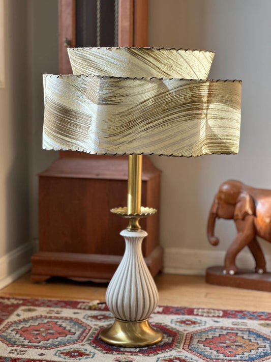 Vintage 1960s Rembrandt Mid-Century Modern Table Lamp with Original 2-Tier Fiberglass Shade | White Fluted Ceramic Base | Hollywood Regency