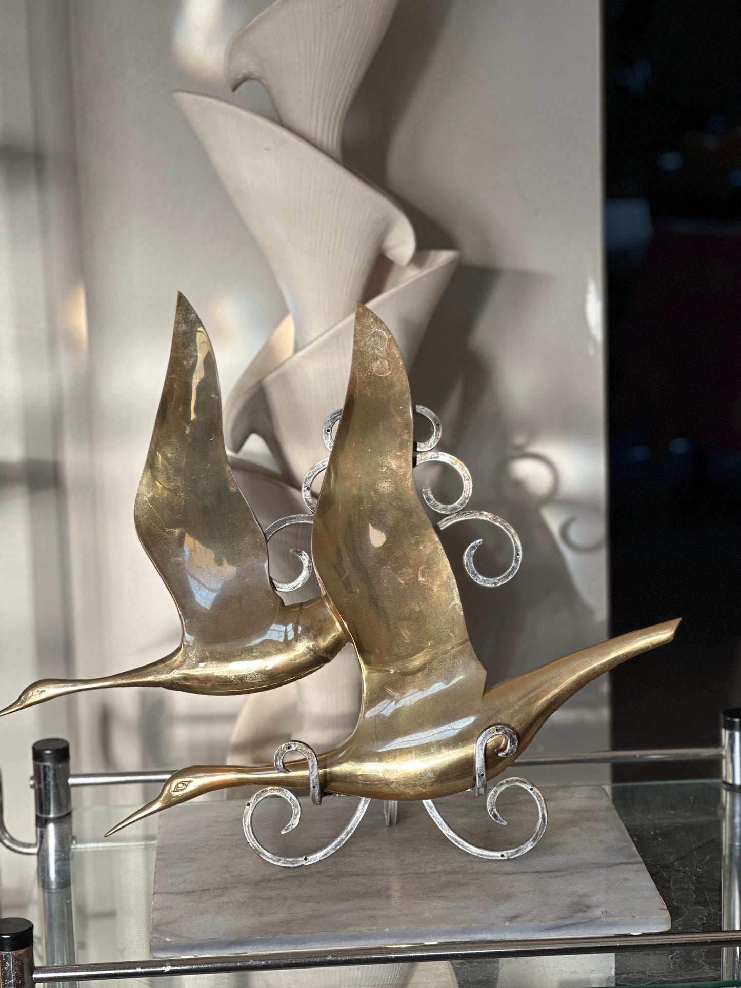 Vintage 1970s Brass Birds in Flight Wall Hanging | Large Mid Century Modern Brass Geese Sculpture | Hollywood Regency Wall Art | 24” x 19”